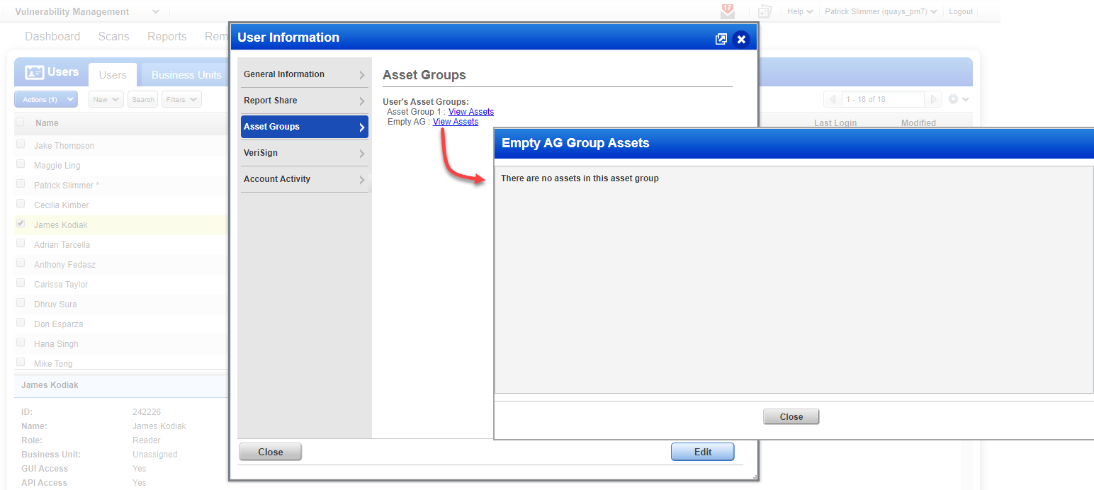 User Information where user is assigned an empty asset group