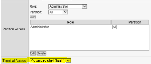 F5 Load Balancer configuration screen with Terminal Access set to Advanced shel (bash)