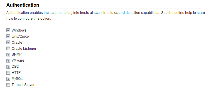 Authentication options in VM Option Profile