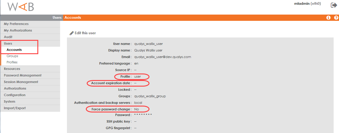 WAB vault user account settings