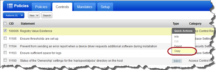 Copy option on Quick Actions menu on Controls list