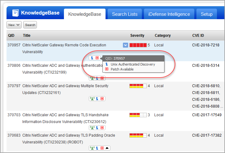 KnowledgeBase search results and icons for remote and authenticated discovery