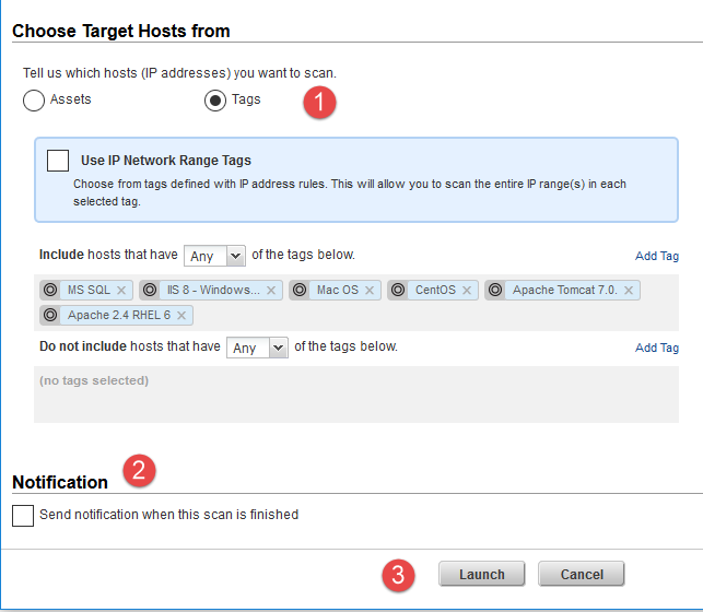 SCA scan settings - Target Hosts, Notification and click Launch