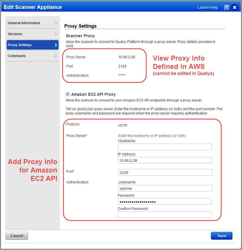 Proxy settings in the Edit Scanner Appliance window