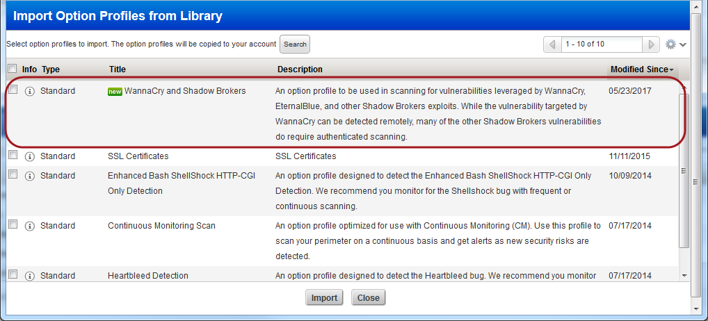 Import Option Profiles from Library window