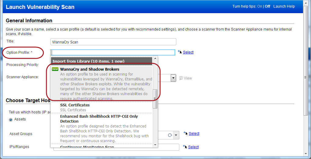 Launch Vulnerability Scan window with WannaCry and Shadow Brokers option profile selected to import
