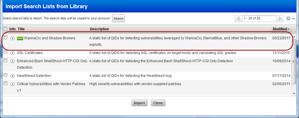 Import Search Lists from Library window