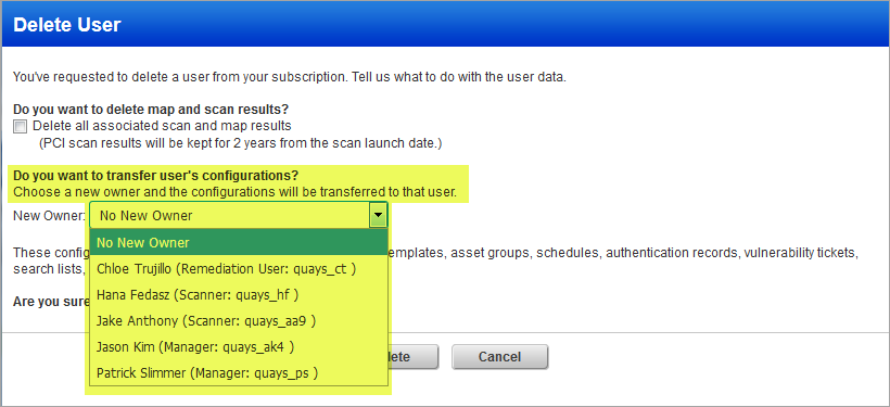 Option to transfer user configurations in Delete User window